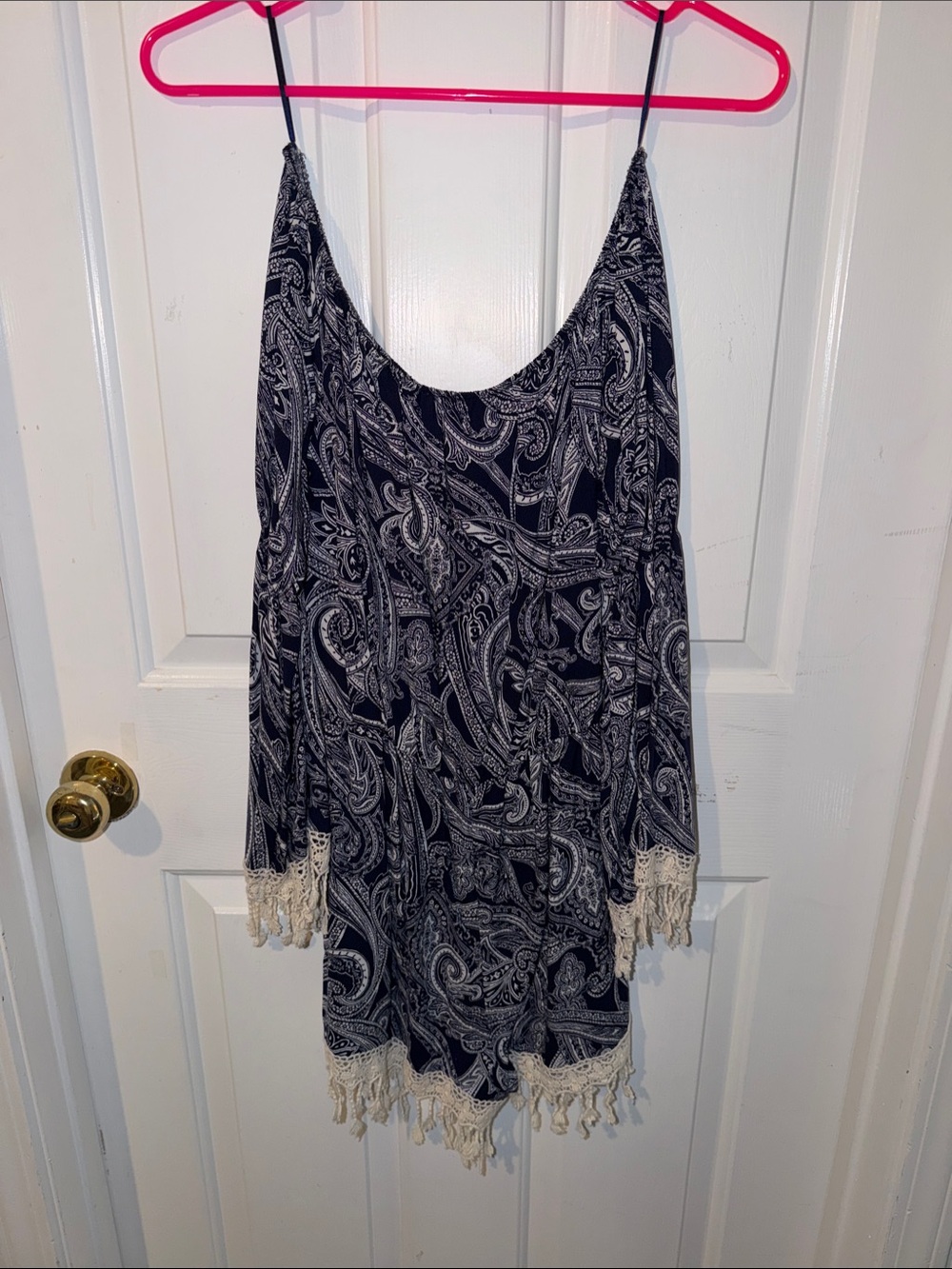 Black Paisley Spaghetti-Strap Romper with Fringe Trim